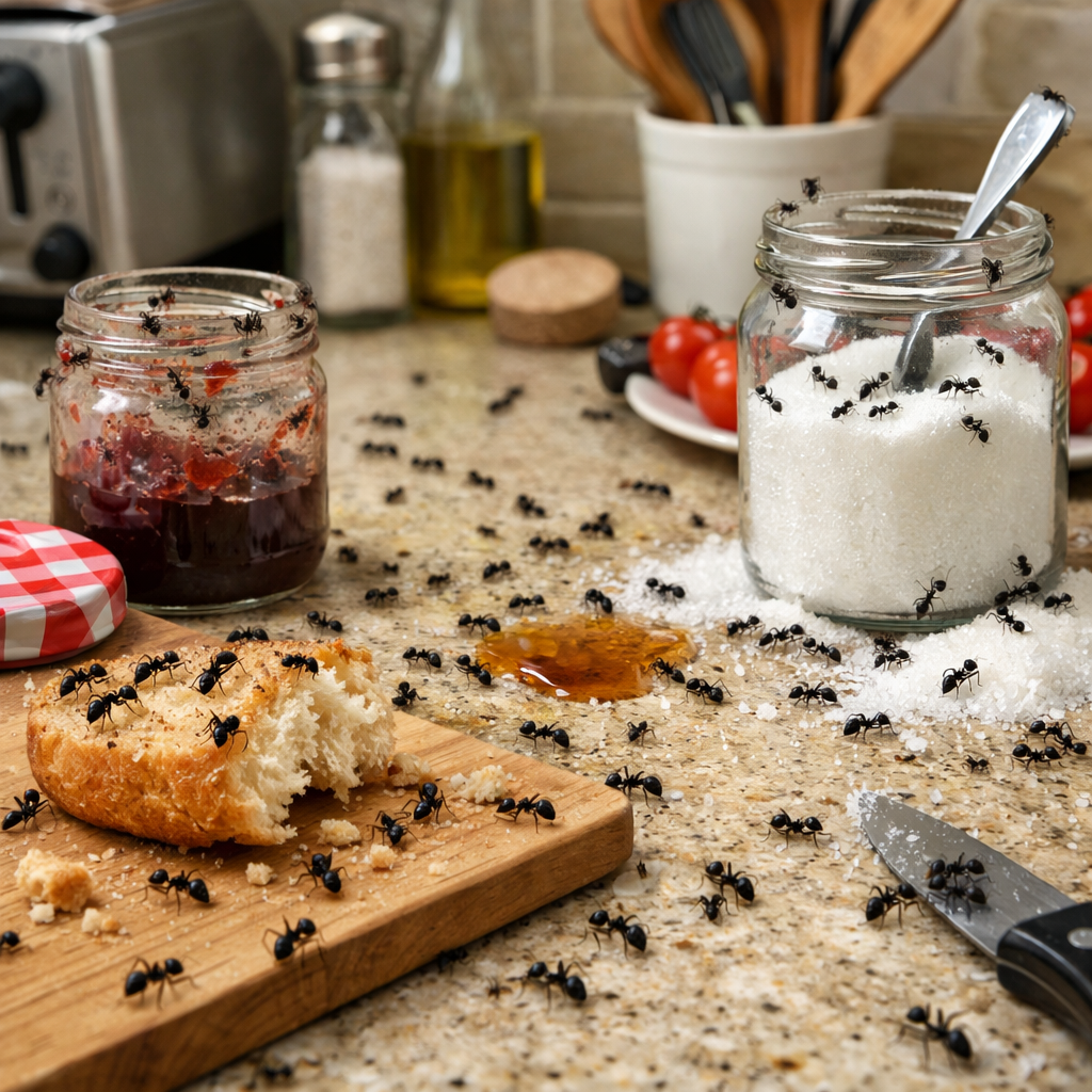 ants in a kitchen eating food