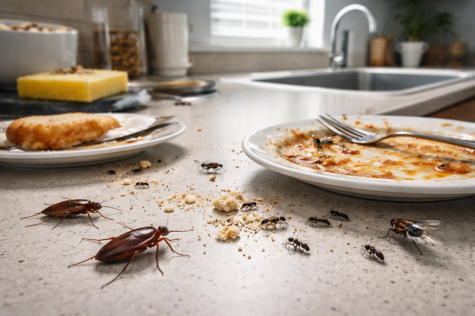 bugs eating food on kitchen counter