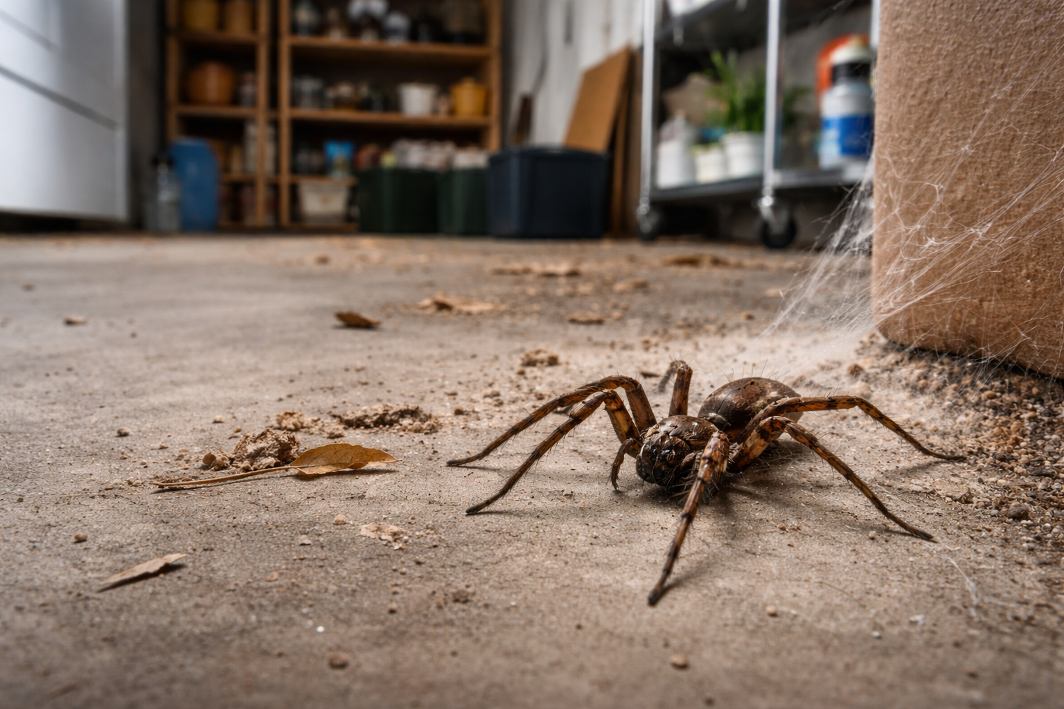 spider spinning a web in garage