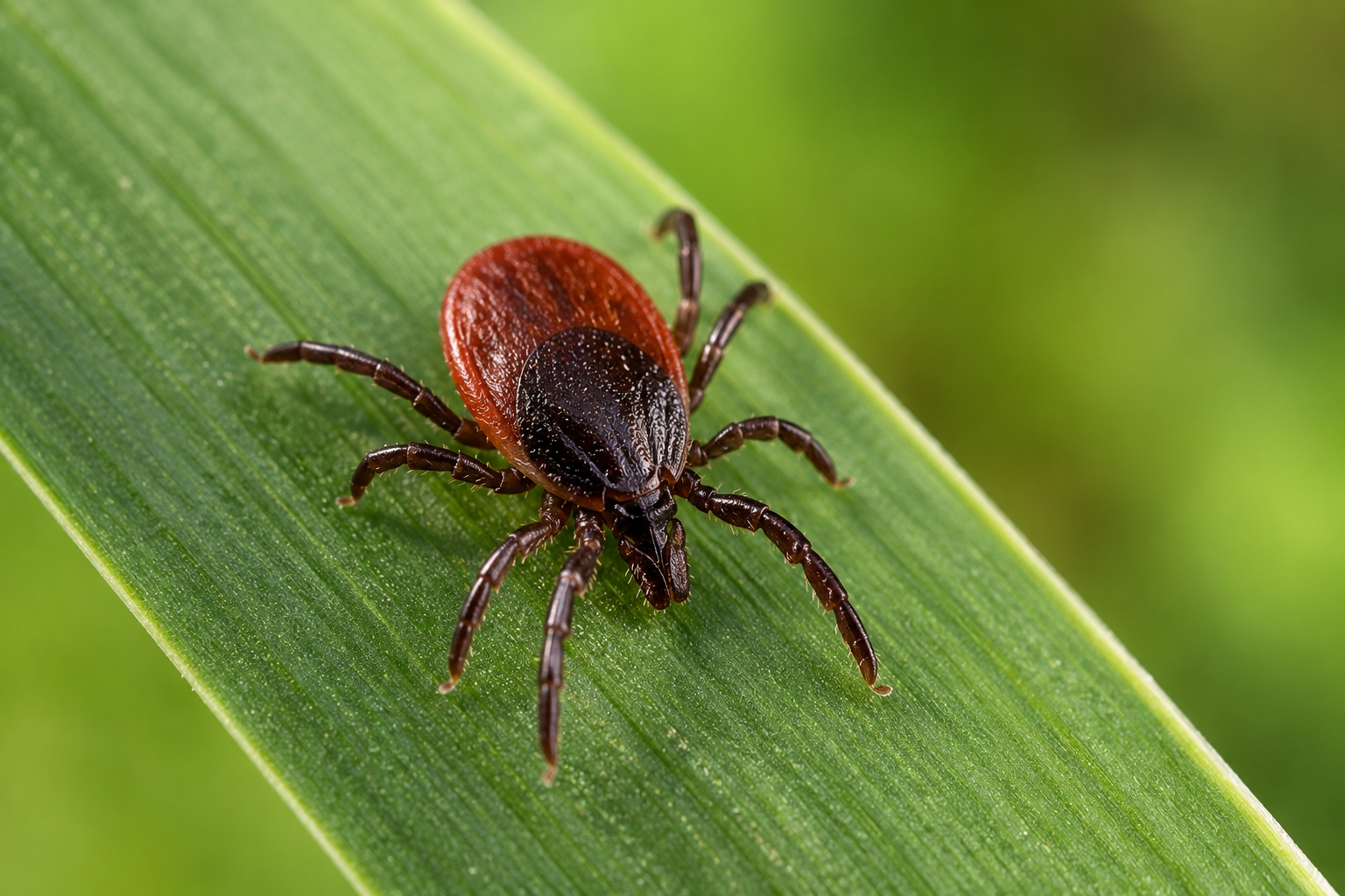 a tick resting on a green leaf